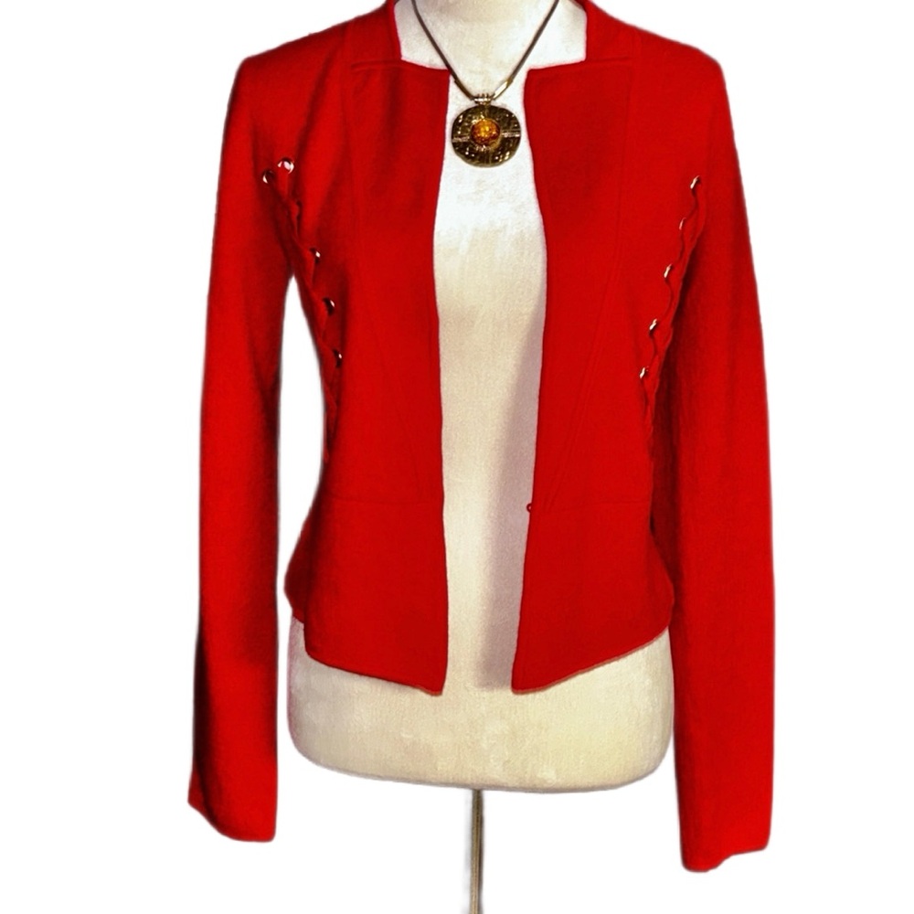 Cache ~ Women's Small ~100% Wool ~ Red Blazer Jacket W/ Lace Up Detail Hook Loop - Picture 7 of 16